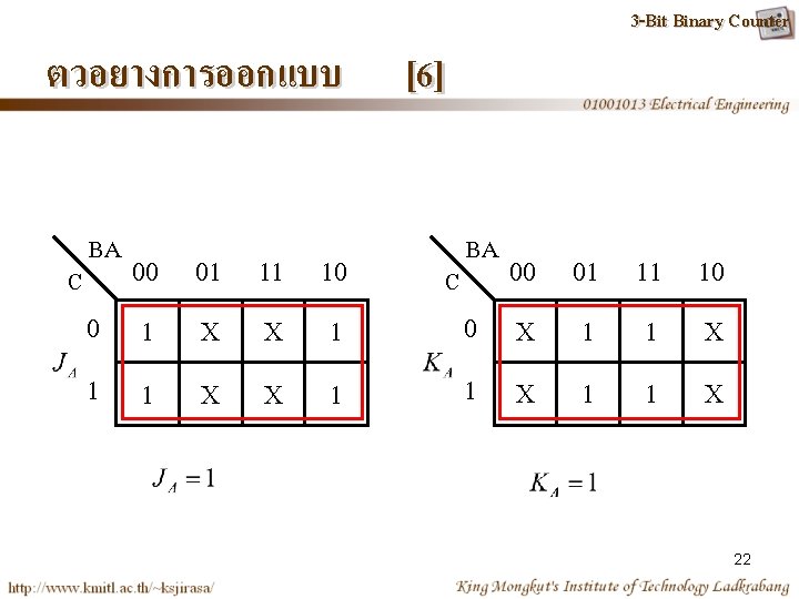 ตวอยางการออกแบบ C BA 00 01 11 10 0 1 X X 1 1 1