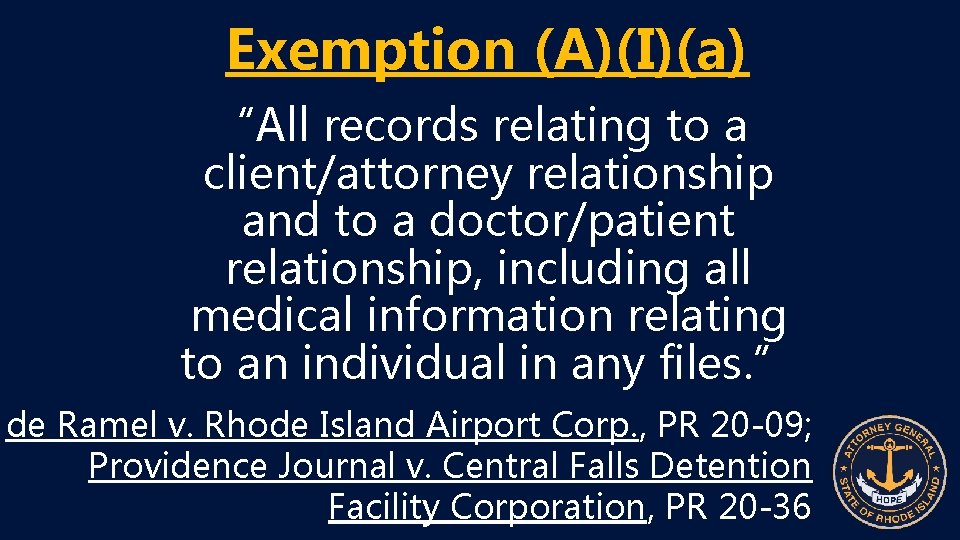 Exemption (A)(I)(a) “All records relating to a client/attorney relationship and to a doctor/patient relationship,