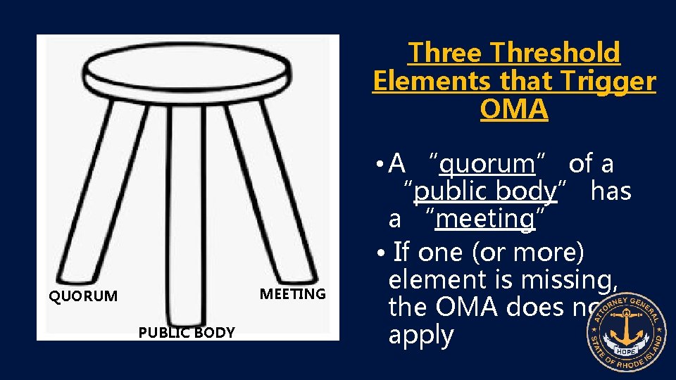 Three Threshold Elements that Trigger OMA MEETING QUORUM PUBLIC BODY • A “quorum” of