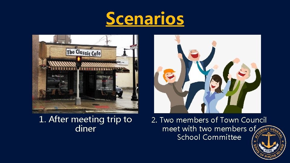 Scenarios 1. After meeting trip to diner 2. Two members of Town Council meet