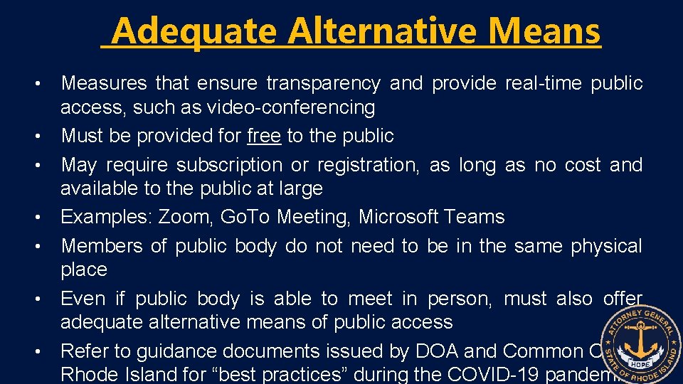 Adequate Alternative Means • • Measures that ensure transparency and provide real-time public access,