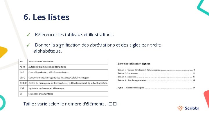 6. Les listes ✓ Référencer les tableaux et illustrations. ✓ Donner la signification des