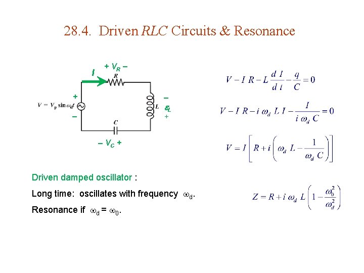 28. 4. Driven RLC Circuits & Resonance I + VR + + L VC