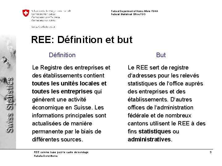 Federal Department of Home Affairs FDHA Federal Statistical Office FSO REE: Définition et but