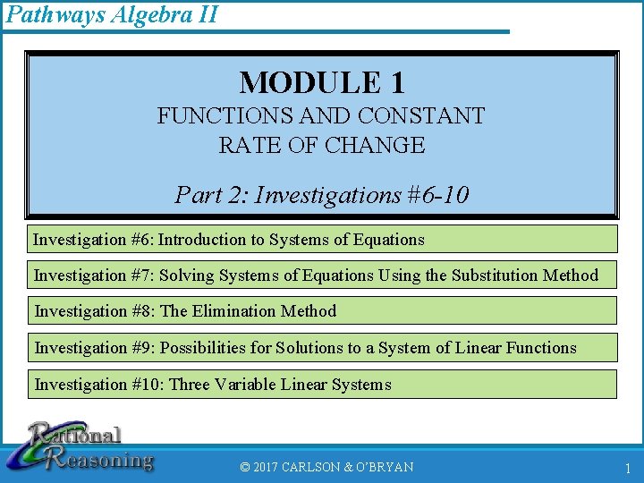 Pathways Algebra II MODULE 1 FUNCTIONS AND CONSTANT RATE OF CHANGE Part 2: Investigations