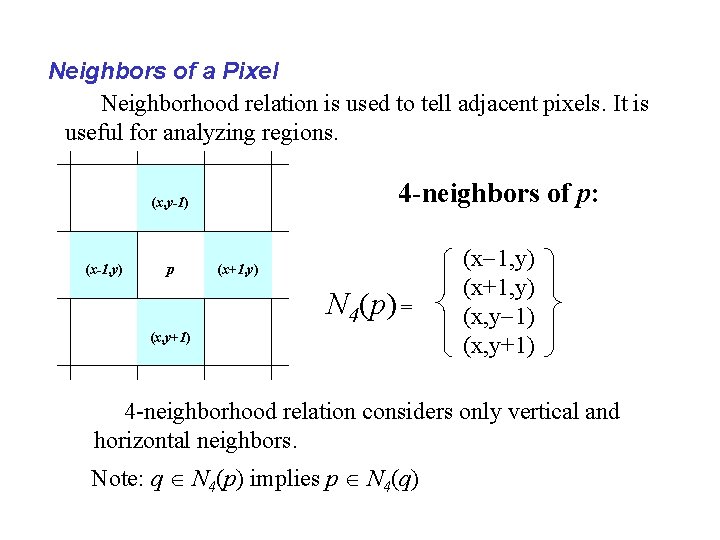 Neighbors of a Pixel Neighborhood relation is used to tell adjacent pixels. It is