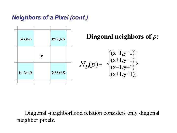 Neighbors of a Pixel (cont. ) (x-1, y-1) (x+1, y-1) Diagonal neighbors of p: