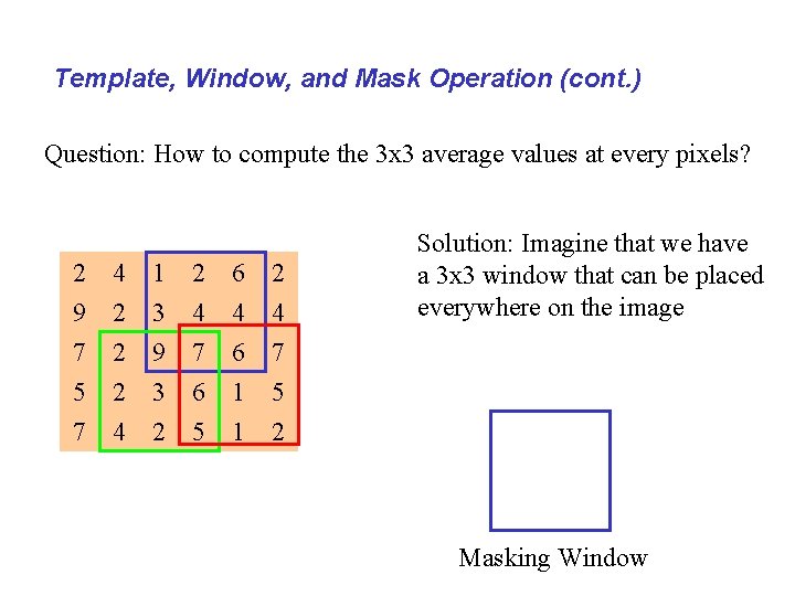 Template, Window, and Mask Operation (cont. ) Question: How to compute the 3 x