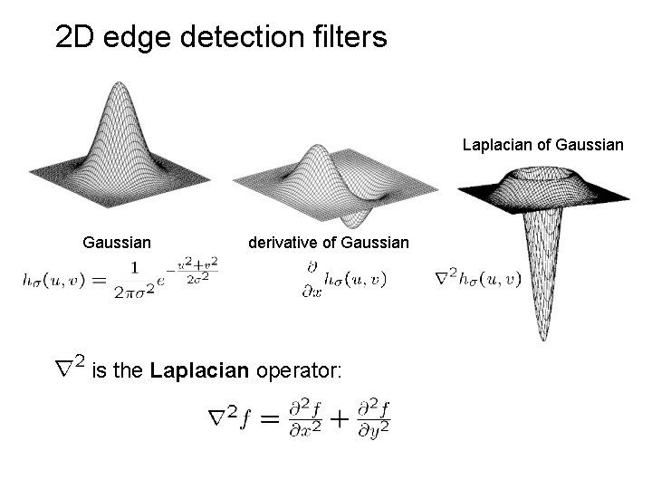 2 D edge detection filters Laplacian of Gaussian derivative of Gaussian is the Laplacian