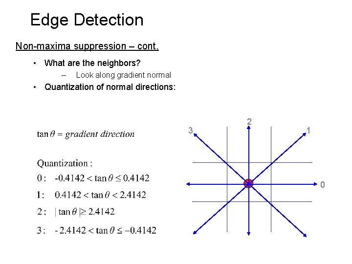 Edge Detection Non-maxima suppression – cont. • What are the neighbors? – Look along