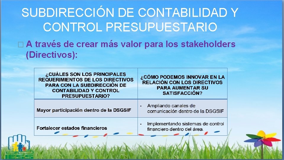 SUBDIRECCIÓN DE CONTABILIDAD Y CONTROL PRESUPUESTARIO � A través de crear más valor para