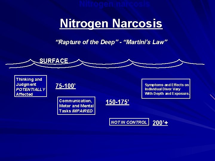 Nitrogen narcosis Nitrogen Narcosis “Rapture of the Deep” - “Martini’s Law” SURFACE Thinking and