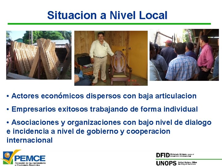 Situacion a Nivel Local • Actores económicos dispersos con baja articulacion • Empresarios exitosos Situacion a Nivel Local • Actores económicos dispersos con baja articulacion • Empresarios exitosos