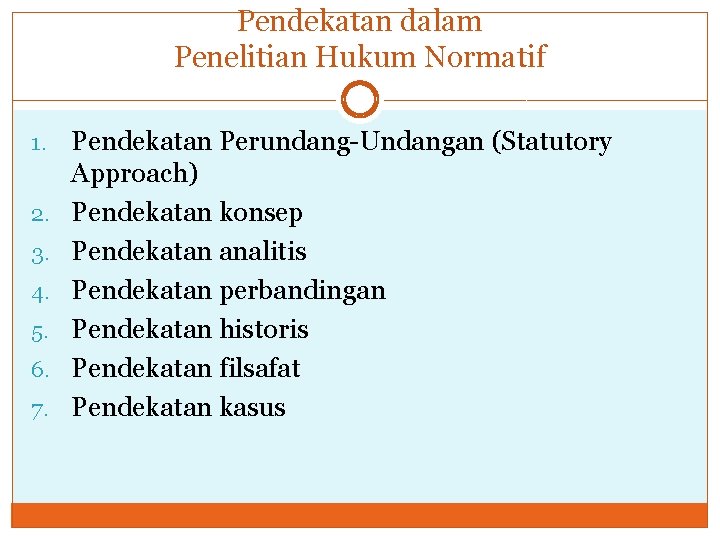 Pendekatan dalam Penelitian Hukum Normatif 1. 2. 3. 4. 5. 6. 7. Pendekatan Perundang-Undangan