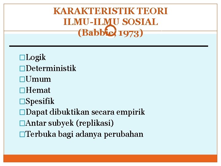 KARAKTERISTIK TEORI ILMU-ILMU SOSIAL (Babbie, 1973) �Logik �Deterministik �Umum �Hemat �Spesifik �Dapat dibuktikan secara