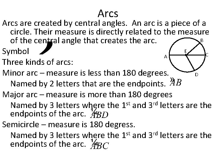 Arcs are created by central angles. An arc is a piece of a circle.