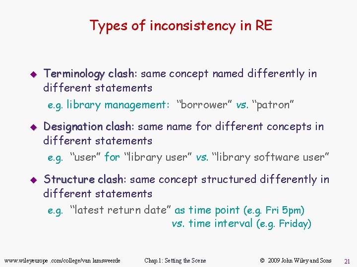 Types of inconsistency in RE u Terminology clash: clash same concept named differently in