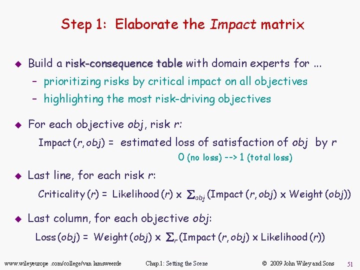 Step 1: Elaborate the Impact matrix u Build a risk-consequence table with domain experts