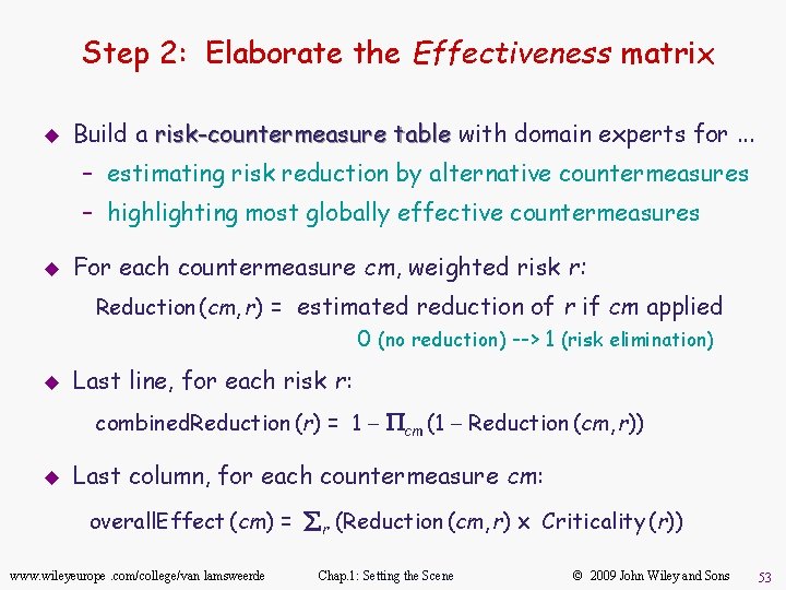 Step 2: Elaborate the Effectiveness matrix u Build a risk-countermeasure table with domain experts
