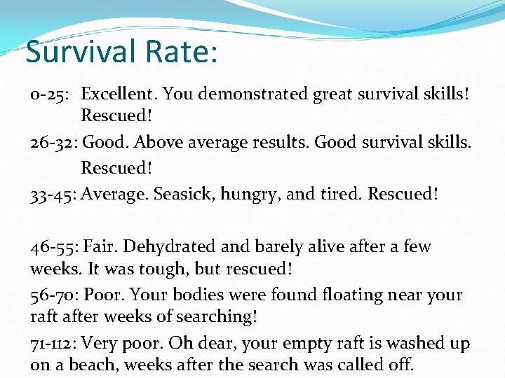 Survival Rate: 0 -25: Excellent. You demonstrated great survival skills! Rescued! 26 -32: Good.