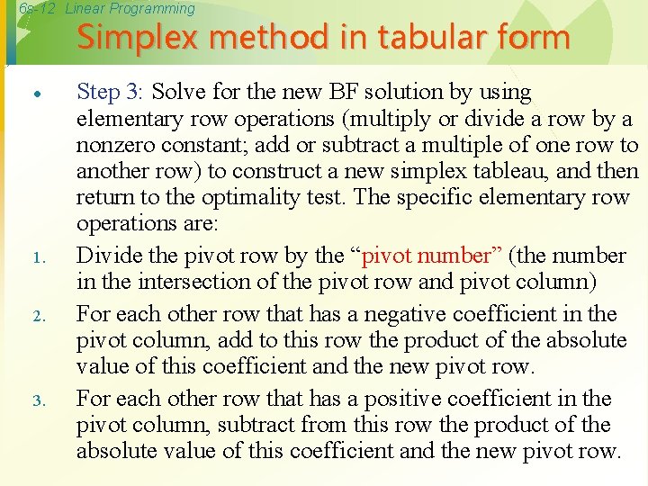 6 s-12 Linear Programming Simplex method in tabular form · 1. 2. 3. Step