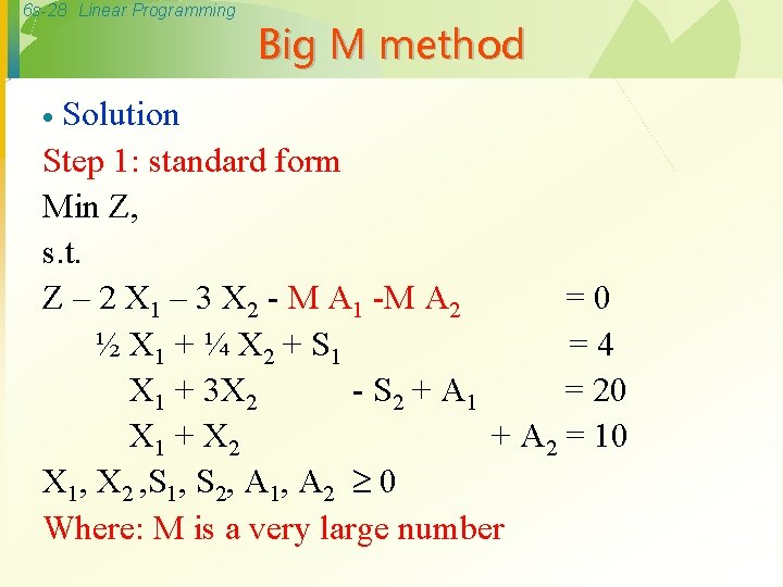 6 s-28 Linear Programming Big M method Solution Step 1: standard form Min Z,