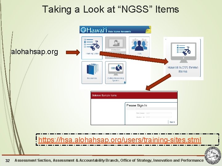 Taking a Look at “NGSS” Items alohahsap. org https: //hsa. alohahsap. org/users/training-sites. stml 32