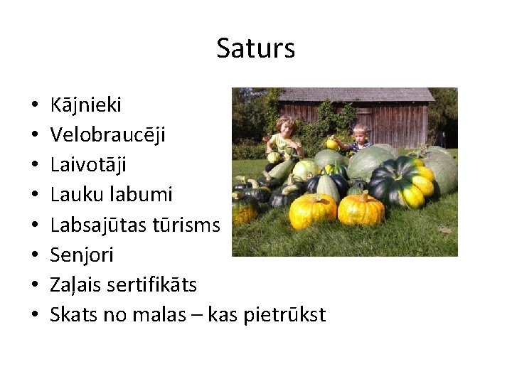 Saturs • • Kājnieki Velobraucēji Laivotāji Lauku labumi Labsajūtas tūrisms Senjori Zaļais sertifikāts Skats