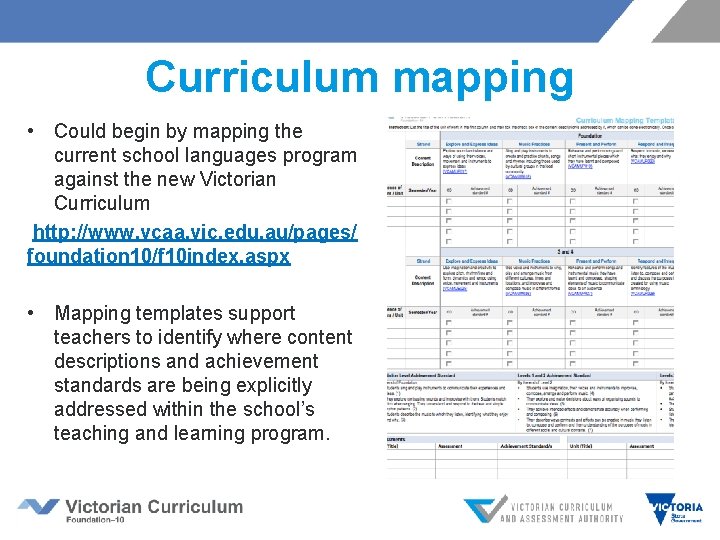 Curriculum mapping • Could begin by mapping the current school languages program against the