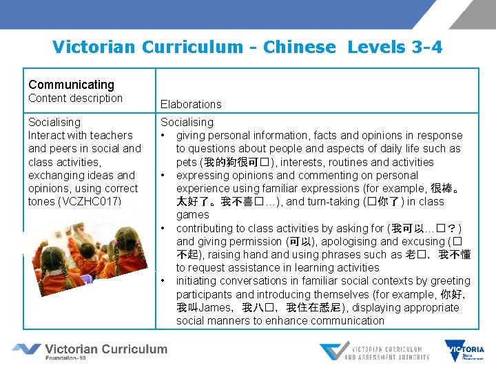  Victorian Curriculum - Chinese Levels 3 -4 Communicating Content description Socialising Interact with