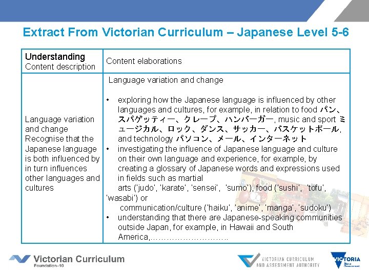  Extract From Victorian Curriculum – Japanese Level 5 -6 Understanding Content description Content