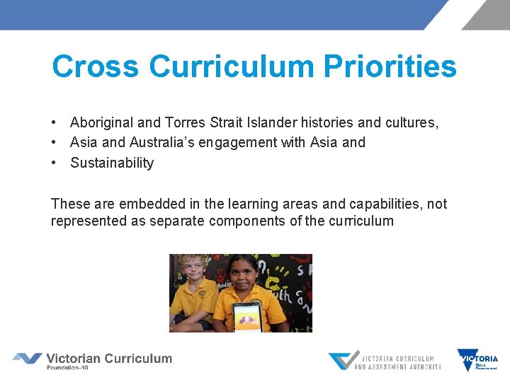 Cross Curriculum Priorities • Aboriginal and Torres Strait Islander histories and cultures, • Asia