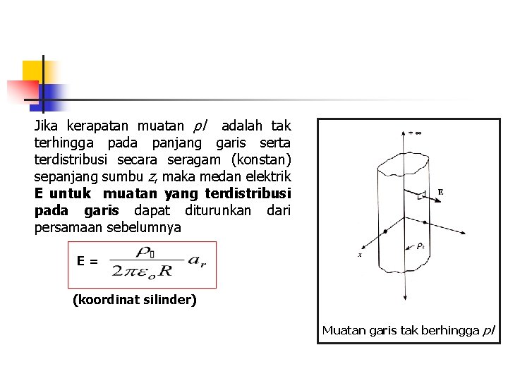 Jika kerapatan muatan ρl adalah tak terhingga pada panjang garis serta terdistribusi secara seragam Jika kerapatan muatan ρl adalah tak terhingga pada panjang garis serta terdistribusi secara seragam