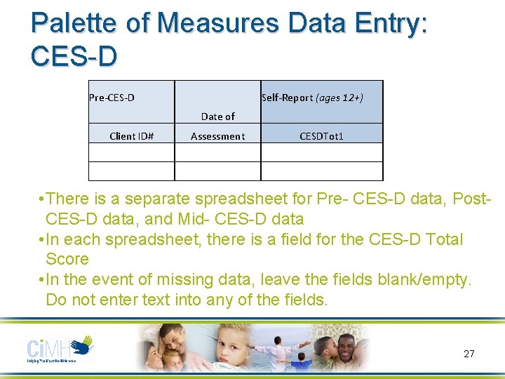 Palette of Measures Data Entry: CES-D Pre-CES-D Self-Report (ages 12+) Date of Client ID#