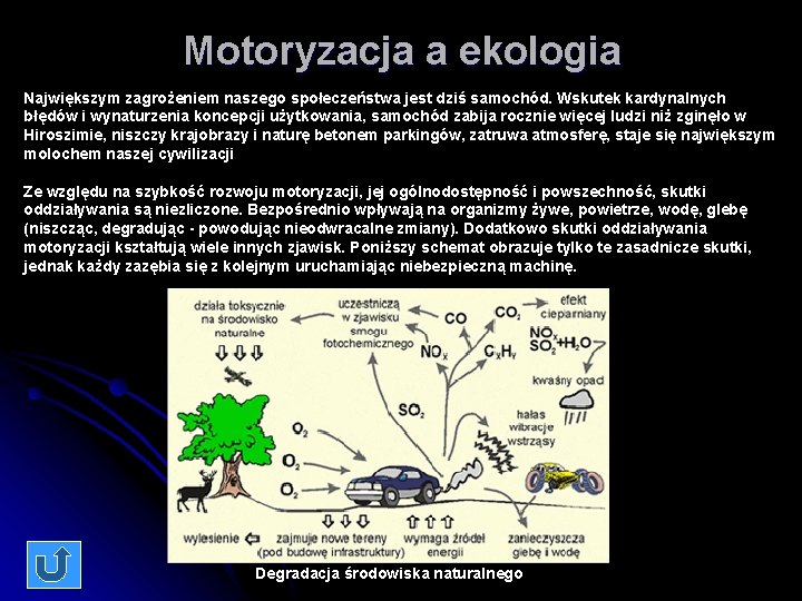 Motoryzacja a ekologia Największym zagrożeniem naszego społeczeństwa jest dziś samochód. Wskutek kardynalnych błędów i