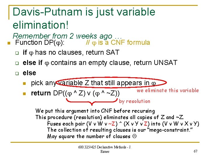 Davis-Putnam is just variable elimination! Remember from 2 weeks ago … n Function DP(