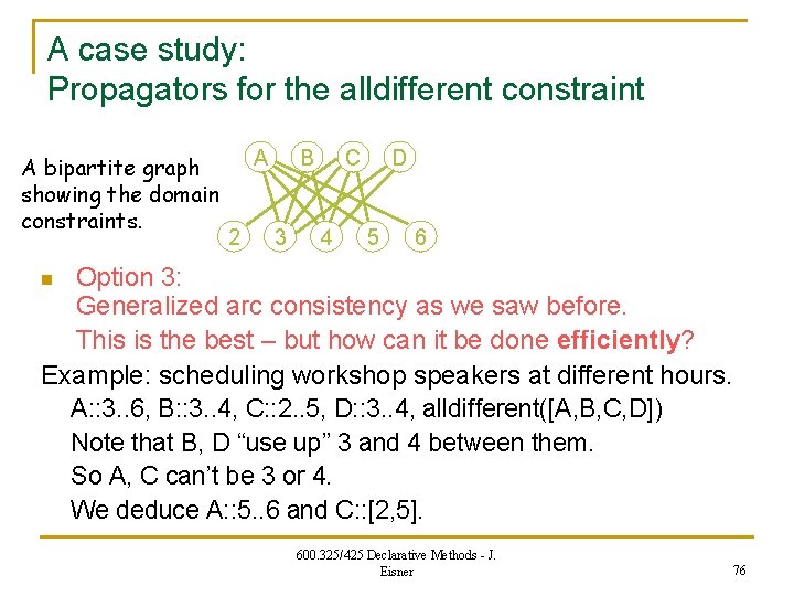A case study: Propagators for the alldifferent constraint A bipartite graph showing the domain