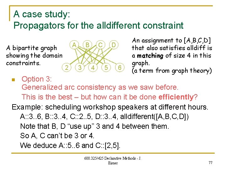 A case study: Propagators for the alldifferent constraint A bipartite graph showing the domain