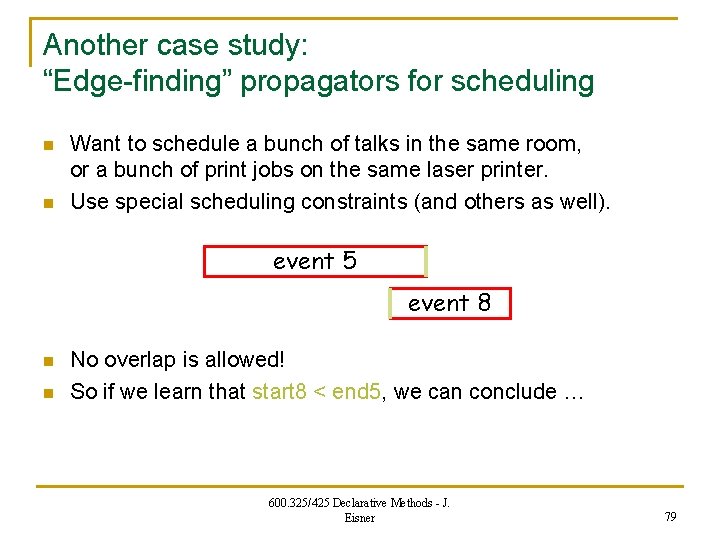 Another case study: “Edge-finding” propagators for scheduling n n Want to schedule a bunch