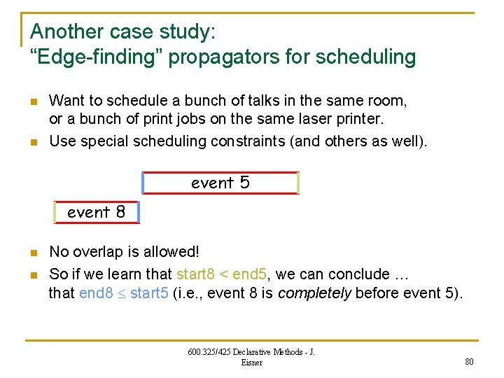 Another case study: “Edge-finding” propagators for scheduling n n Want to schedule a bunch