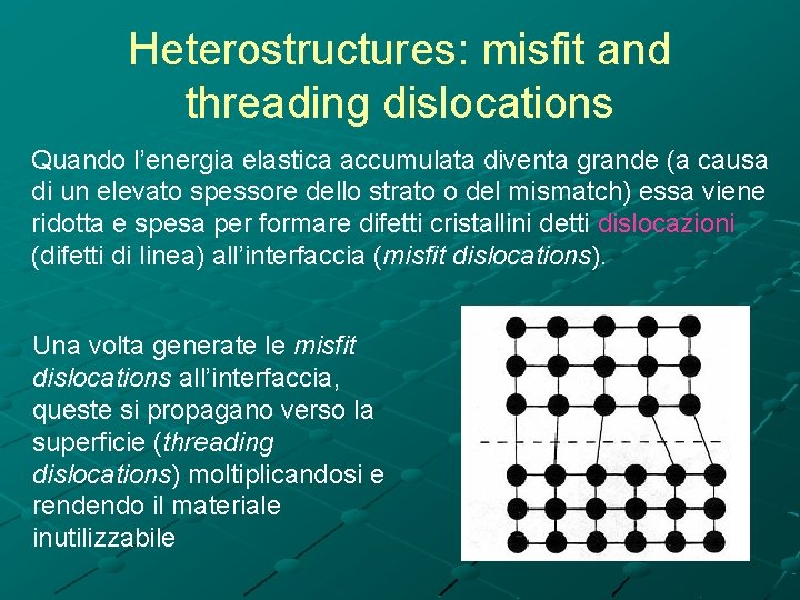 Heterostructures: misfit and threading dislocations Quando l’energia elastica accumulata diventa grande (a causa di