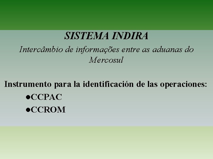 SISTEMA INDIRA Intercâmbio de informações entre as aduanas do Mercosul Instrumento para la identificación