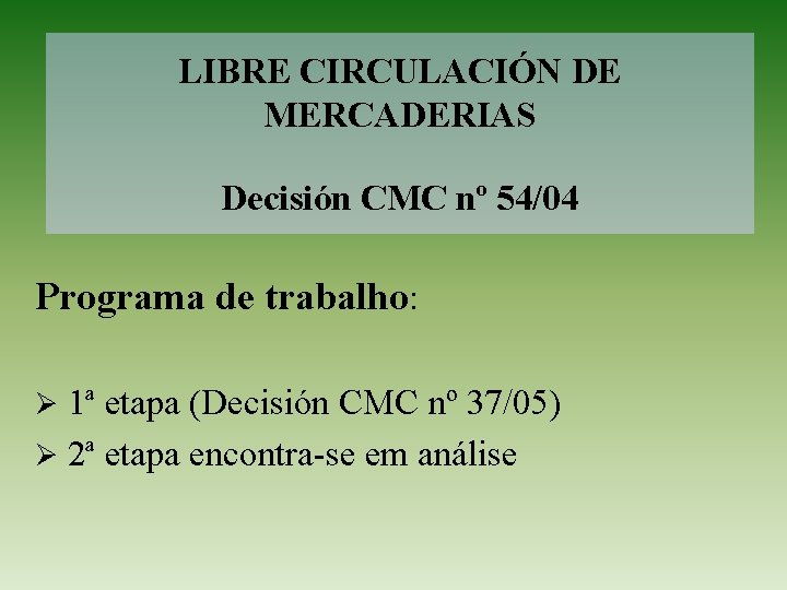 LIBRE CIRCULACIÓN DE MERCADERIAS Decisión CMC nº 54/04 Programa de trabalho: 1ª etapa (Decisión