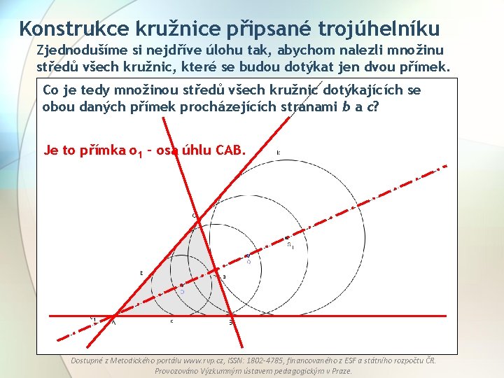 Konstrukce kružnice připsané trojúhelníku Zjednodušíme si nejdříve úlohu tak, abychom nalezli množinu středů všech