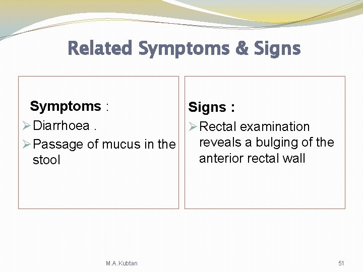 Related Symptoms & Signs Symptoms : Signs : Ø Diarrhoea. Ø Rectal examination reveals Related Symptoms & Signs Symptoms : Signs : Ø Diarrhoea. Ø Rectal examination reveals