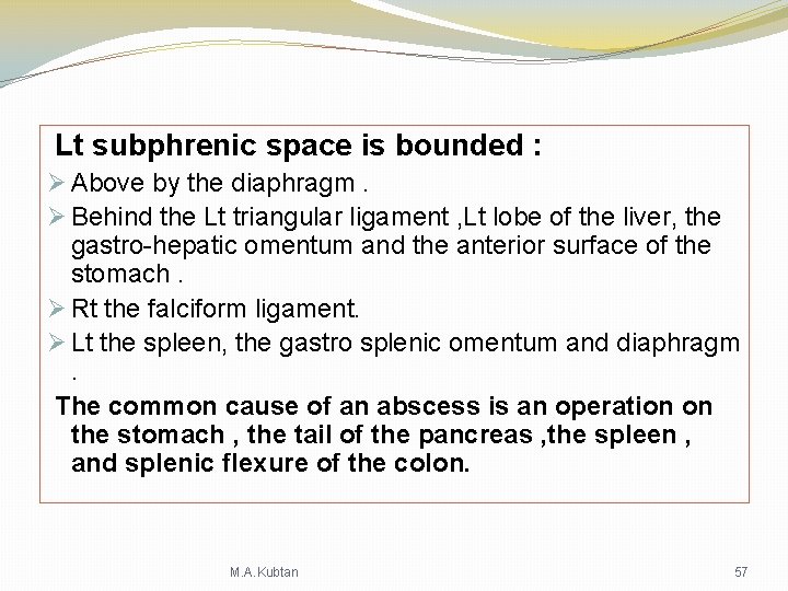 Lt subphrenic space is bounded : Ø Above by the diaphragm. Ø Behind Lt subphrenic space is bounded : Ø Above by the diaphragm. Ø Behind