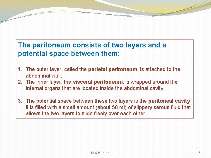The peritoneum consists of two layers and a potential space between them: 1. The The peritoneum consists of two layers and a potential space between them: 1. The