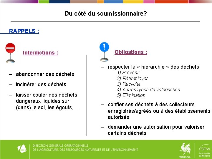  Du côté du soumissionnaire? RAPPELS : Interdictions : Obligations : – respecter la