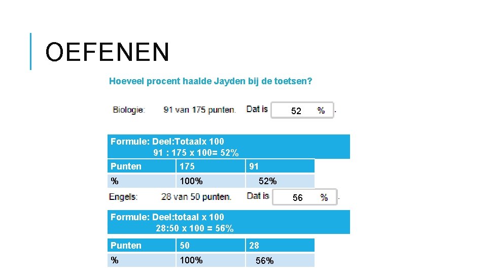 OEFENEN Hoeveel procent haalde Jayden bij de toetsen? 52 Formule: Deel: Totaalx 100 91