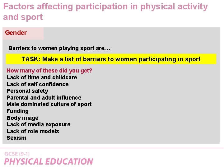 Factors affecting participation in physical activity and sport Gender Barriers to women playing sport